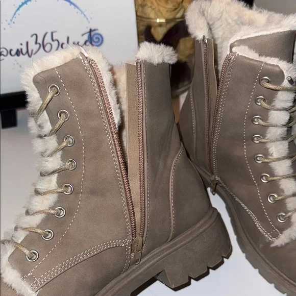 Charlotte Russe Taupe Lace-Up Faux Fur Combat Boots - Picture 5 of 9